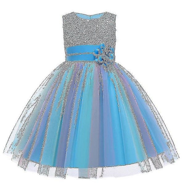 Piger Pailletkjole Regnbue Tutu Fødselsdagskjole Festkjole Blue 120cm