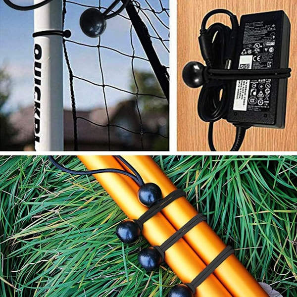 10 sarjaa Bungee-palloja ja pressukangaspidikkeitä Musta 6 tuuman pallo Bungee-köysi Tehokkaat lukituspidikkeet Kiinnittimet Pidike