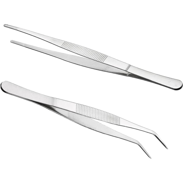 Lange rette pinsetter, buede pinsetter, butte pinsetter i rustfritt stål (2 stk)