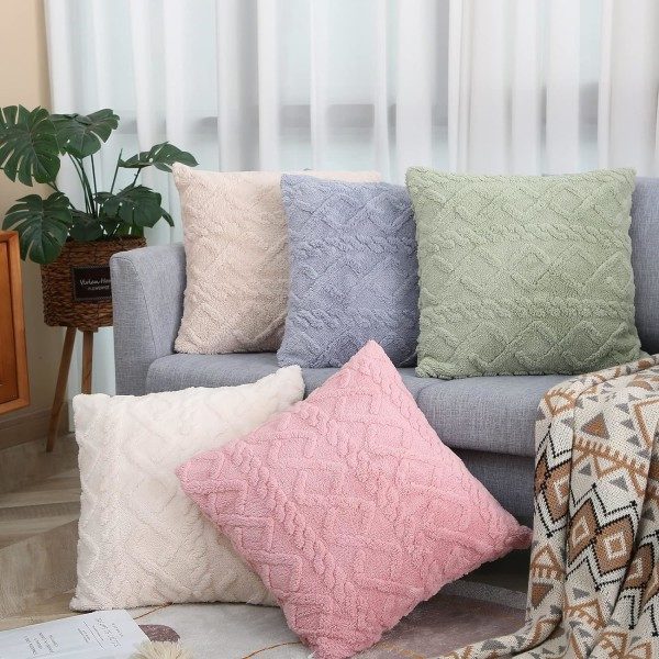 2 stk. bløde plys grønne pudebetræk 45x45cm firkantede pudebetræk med korte fluffy kunstige uldpuder til sofa soveværelse stue