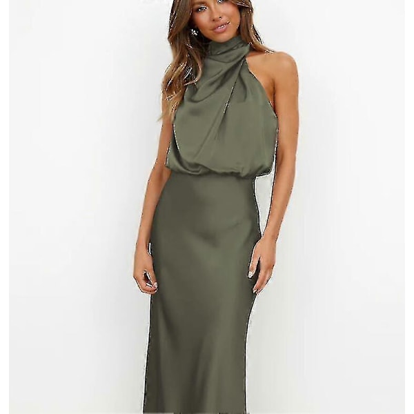 Dame Sommer Satin Ærmeløs Plisseret Lang Kjole Army green M