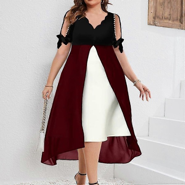 Forår Sommer Plus Size Dametøj Elegant Mode Off Shoulder V-hals Patchwork Chiffon Faux To Delt Uregelmæssig Kjole black 5XL
