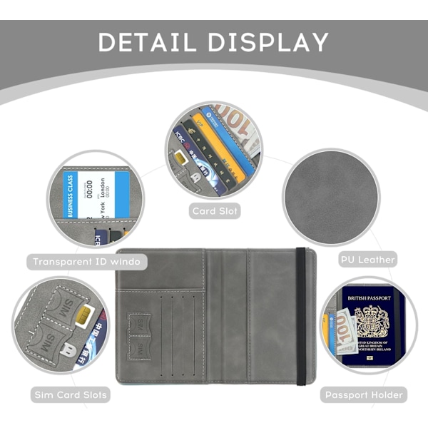 Passholder i PU-lær med RFID-blokkering, passomslag, reisemappe med kortspor og elastisk stropp Grey