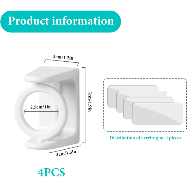 Självhäftande gardinstångsfäste utan borrning 4 st handduksstångshållare med 360° roterande ring vit väggfäste stånghängare krokar