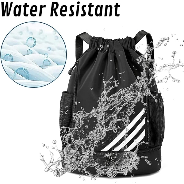 Sportsnöre Ryggsäck Stor Gym Väska med Skofack Vattentät Nylon för Gym Shopping Y01 Black