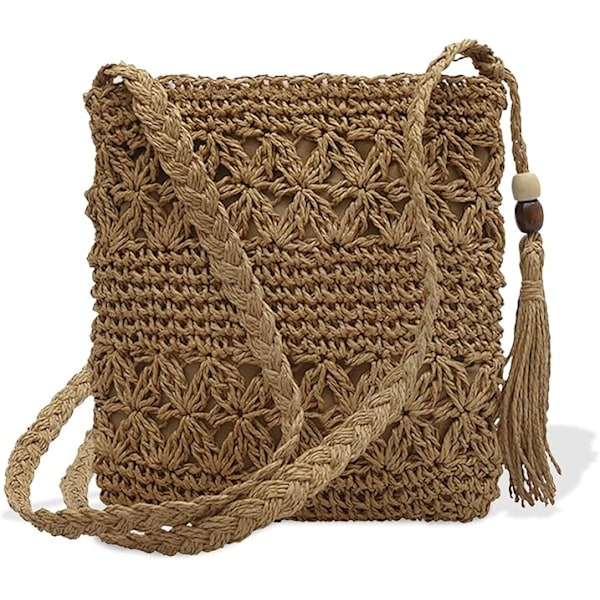 Halmväska för kvinnor, sommar vintage strandväska i halm med tofs strandväska i halm crossbody för kvinnor resor semester fritid Khaki
