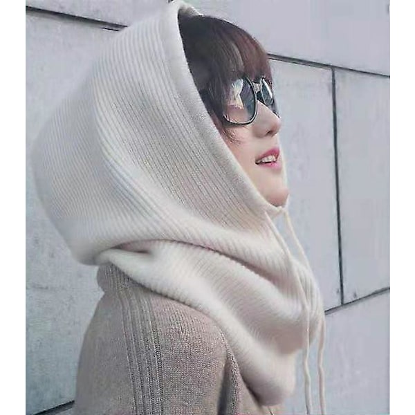 Vinterlue for kvinner i kashmir, strikket lue med hette, balaclava for kvinner, vindtett varm ullhatt Beige