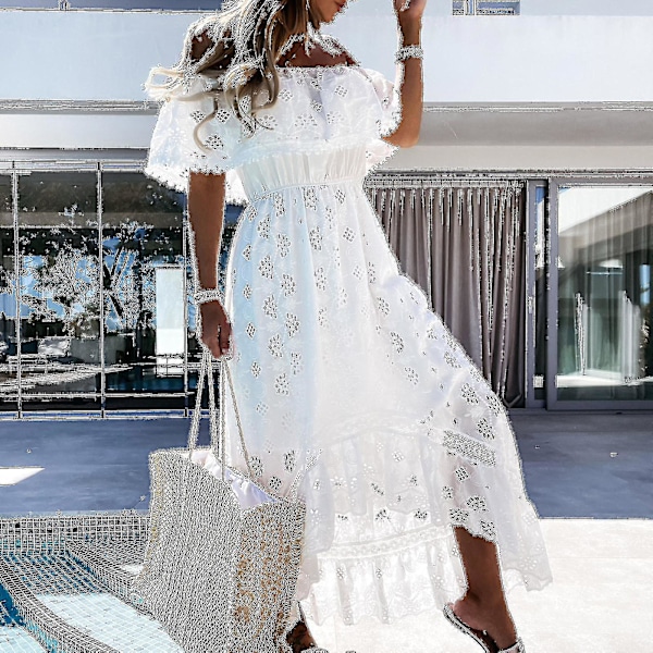 Bohemisk långklänning i spets för dam, vit strandklänning, kortärmad off-shoulder klänning-yu XL