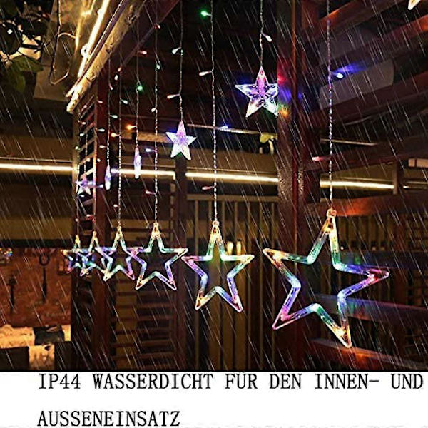 12-stjerners LED-lyslenke, julebelysning, stjerneforheng, 138 LED-lys, 8 moduser, for innendørs, utendørs, jul, fest, dekorasjon, bryllup, hage style1431