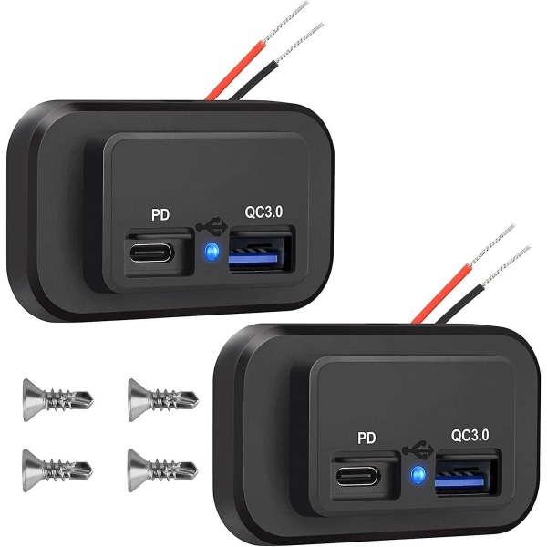 2 stk. 12V USB-udtag, Dobbelt Hurtigopladning 3.0 12V Stik USB-oplader & PD Type-C (USB-C), 12V 24V USB-oplader Vandtæt Strømstikadapter Billader