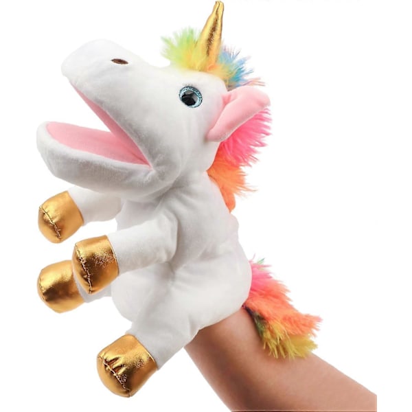 Plush Enhörning Handdocka med Öppen Rörlig Mun för Fantasifull Lek, Rollspel, Interaktiv Leksak för Berättande Undervisning Dockteater, Födelsedag