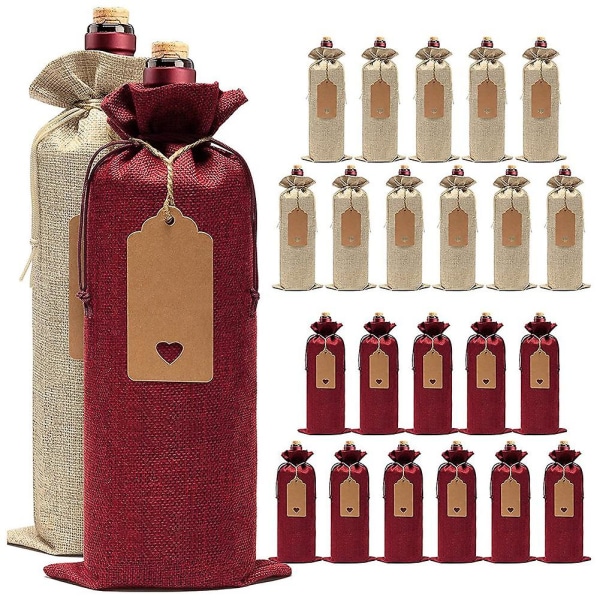 24 stk Jutevinposer Poser,vinflaskeposer med snøre, tags & reb,genanvendelige vinflaske Co