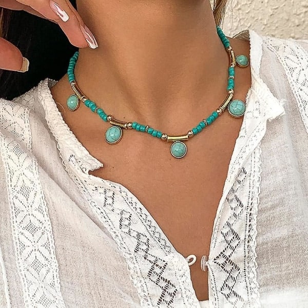 Bohemian turkis anheng - Vintage justerbar choker kjede for kvinner (2 stk)