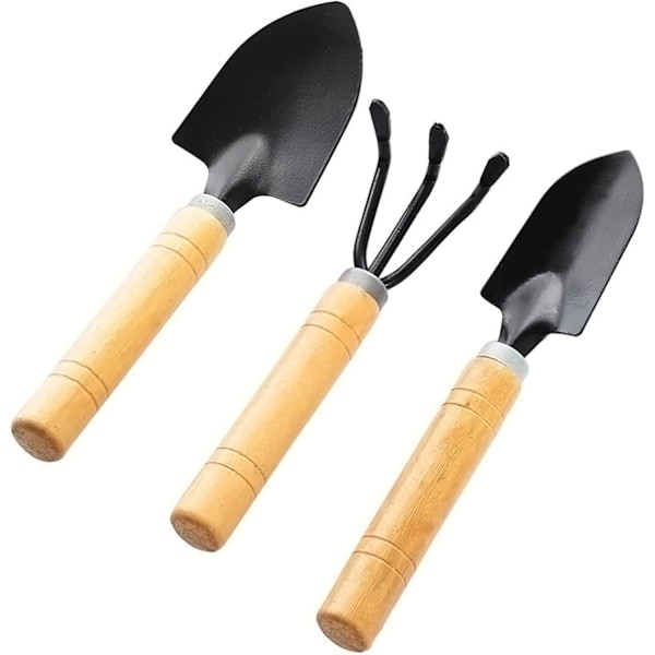 Mini trädgårdsredskap set, 3 st trädgårdssats med spadar och kratta, svart rostskyddsbeläggning, perfekt för krukväxter,