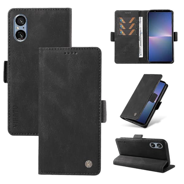 För Sony Xperia 5 V Läder Telefonfodral Vikbart Ställ Plånboksfodral Black