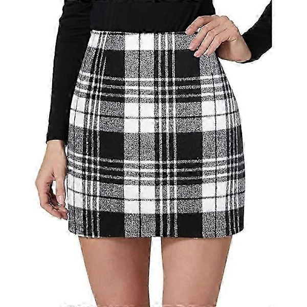 NY Dam Hög Midja Rutig Kjol, Bodycon Pennkjol Mini Kjolar i Ull Grey M