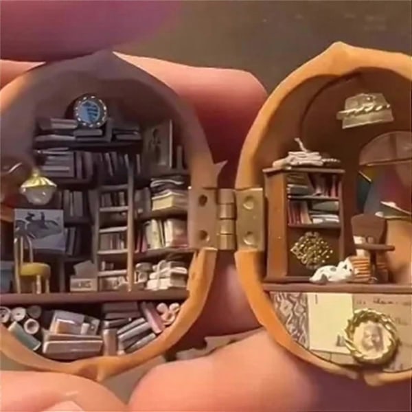 Pähkinänkuoren nukkekoti, Pieni maailma pähkinän sisällä, Käsintehty pähkinänkuoren nukkekoti Mini-kirjasto, Hartsi-pähkinän salainen 3D-kohtaus Ystävänpäivälahja Magic book shop