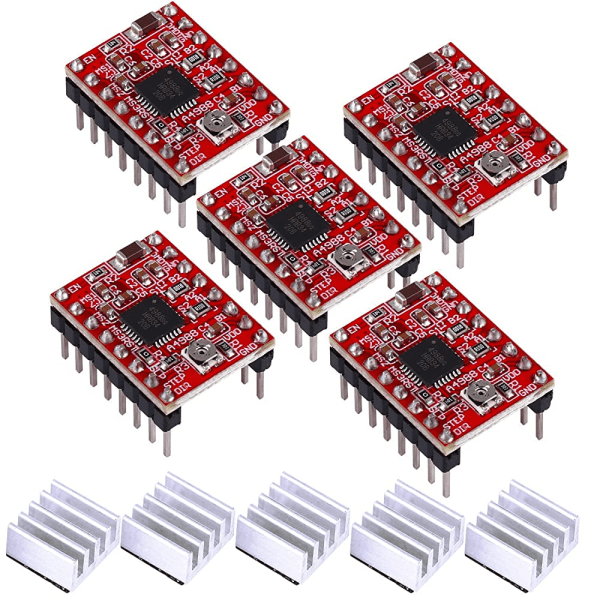 A4988 Steppermotor-drivrutmodul 5 st Steppermotor-drivrutmodul med kylfläns för RepRap 3D-skrivare