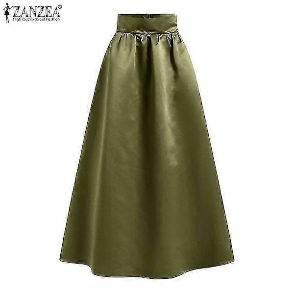 ZANZEA Naisten Muoti Korkeavyötäröinen A-linjainen Satiinihame Yksivärinen Juhla Pitkä Hame army green 4XL