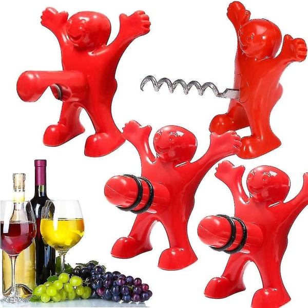 4-pakning Cute Red Men Korketrekkersett - Vinflaskeåpner, Ølflaskeåpner, Vinpropp - Julebursdagsgave for menn og kvinner