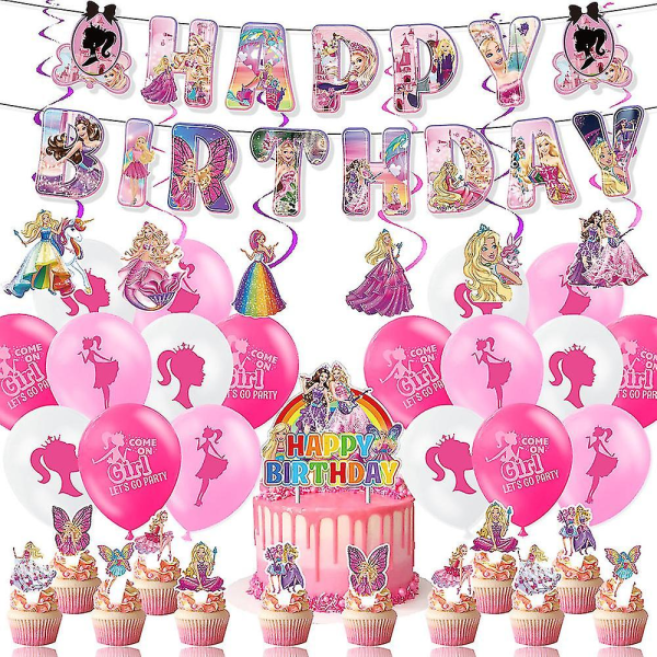 37 stk. Barbie Happy Birthday festdekoration, lyserød Barbie tegneserie dukke banner kagepynt Barbie balloner