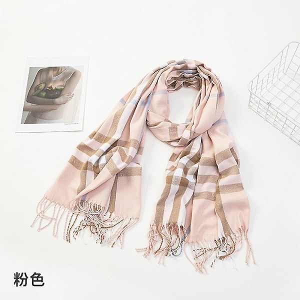 Damscarf 2023 Höst Och Vinter Ny Rutig Scarf Cashmereliknande Varm Tofssjal Pink 70*200 cm