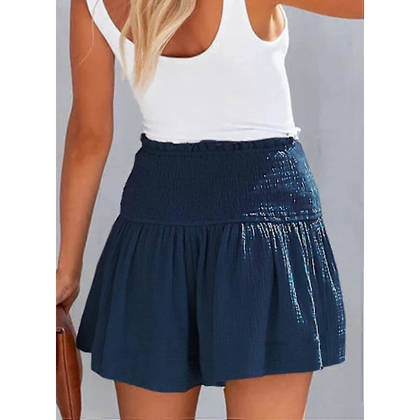Damshorts Bomull Hög Elastisk Midja Plisserade Volang Söta Shorts Strand Flödande Vardagsshorts S-xl Blue X-Large