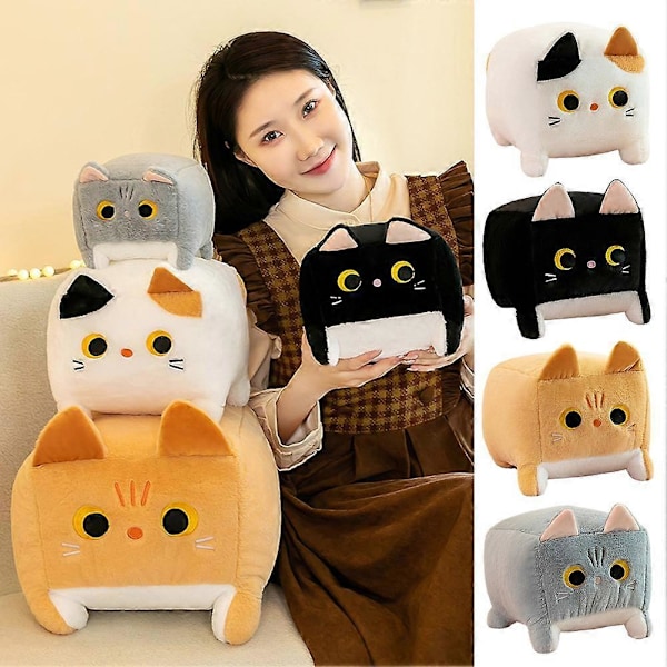 Söt Fyrkantig Plush Katt Leksak Fluffig Svart Katt Kudde Fylld Djur Plush Dock Black 20cm