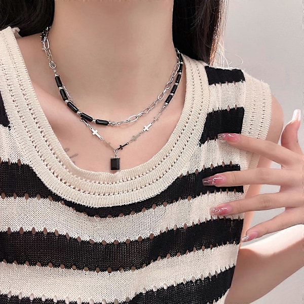 Elegant Unikt Kors Halskjede Dobbelt Lagdelt Krystall Firkantet Anheng Choker
