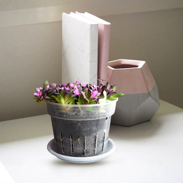 1 Set Ventilerade Hål Blomkruka Praktiska Rundade Plastblomkrukor med Bricka