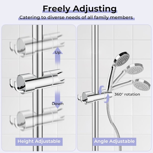 Justerbar dusjhodeholder med 2 kroker, universell dusjholderbrakett for 16-27 mm skyvestang, krombelagt dusjglider