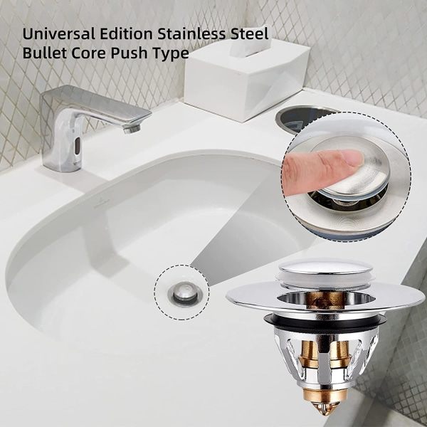 Universal Pop Up Avlopp Rostfritt Stål Sänka Plug Trycktyp Studsande Kärn Avloppsplugg Kök Badrum Sänka Universal 35 - 38mm
