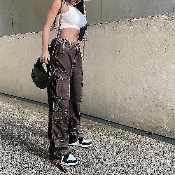Dame Baggy Hip Hop Cargo Bukser Med Lomme Y2k Lav Talje Snøre Løse Joggingbukser Cargo Bukser Casual Sweatpants Streetwear Grey L