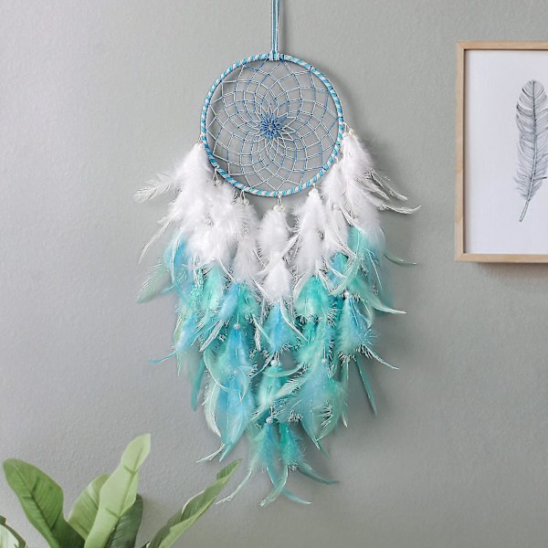 Blå och vita fjädrar drömfångare barn väggdekoration traditionell handgjord drömfångare rund mesh boho väggkonst för sovrum sovsal heminredning G
