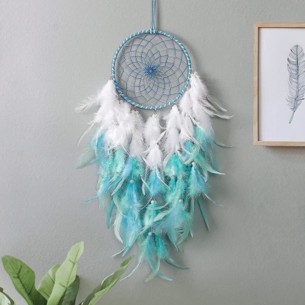 Sininen ja valkoinen höyhen unelma sieppari lapset seinälle ripustettava perinteinen käsintehty unelma sieppari pyöreä verkko boho seinätaide makuuhuoneen asuntolan kodin sisustus G