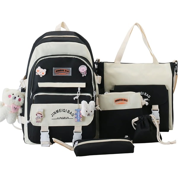 Kawaii 5-osainen esteettinen set teinityttöjen päivittäisiin tarpeisiin, jossa on hurmaa ja pinssit, case, laukku, pieni laukku.