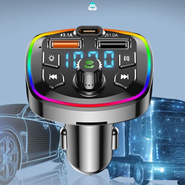 Bluetooth 5.0 FM-sender, bil mp3-spiller, handsfree spenningsdisplay