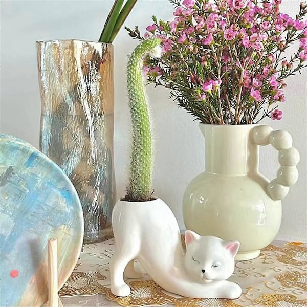 Svanslös Katt Liten Planteringskruka, Söt Kattunge Suckulent Inomhus Blomkruka, Djur Heminredning Växtkruka