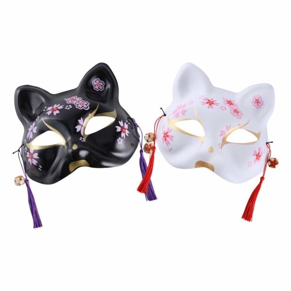 2 x Halloween Dyre Cosplay Kabuki Kattmasker Japansk Revmaske Maskerademaske for Danseforestilling Sminke Rekvisitter Ball (Svart Hvit)