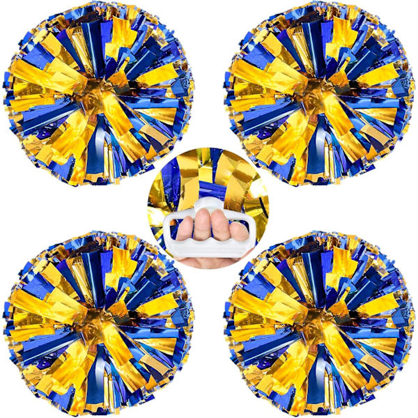 4 Pack Metalliska Cheerleading Pom Poms, Fluffiga Cheerleader Pompoms med Fingervänlig Ring, Hejar Pom Poms (Blå/Guld)