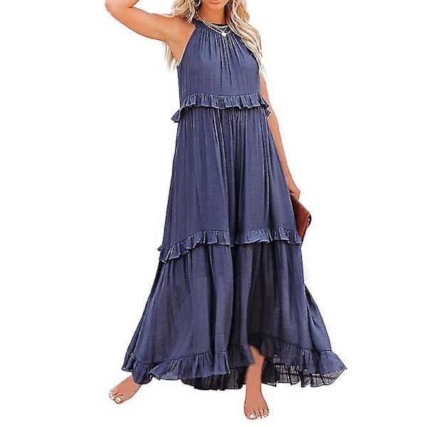 Halterneck Ärmlös A-linje Klänning för Dam, Casual Lång Strandklänning Navy L