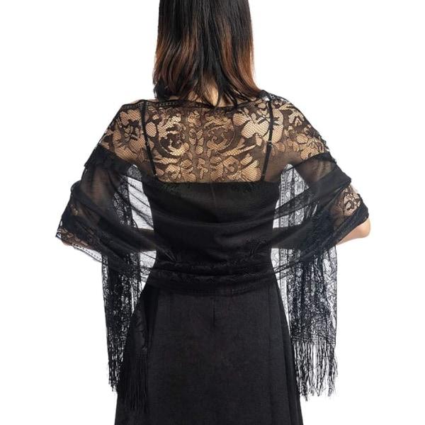 Damkrage Sjal Cape Scarf Spets Sjal Vingar Sjal med fransar Mjukt nät fransar omslag för bröllop fest black