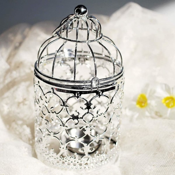 2-pack hängande fågelburslykta, vintage metall värmeljus dekorativ ljushållare dekoration fågelbur för bröllopsfest Hem Silver