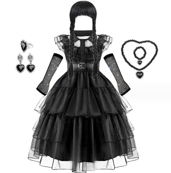 Wednesday Addams sort kjole til piger med gratis tilbehør 120CM