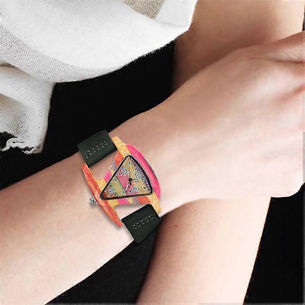 Unikt Trekant Kvinders Træur Kreativ Farverig Dame Grøn/ Rød Ægte Læder Armbåndsur Elegant Kvinders Ure Top Gave Coffee