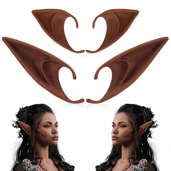 Bruna Alvöron - Kort och Långt Set med Fe-öron, Silikon Vampyröron, Brun Päls för Kvinnor, Cosplay, Renässans Dark brown 12cm