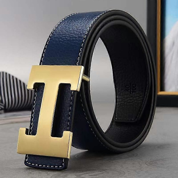 Ny stil affär ledig äkta PU-läder H slätt spänne litchi-korn bälte för män Blue-silver buckle