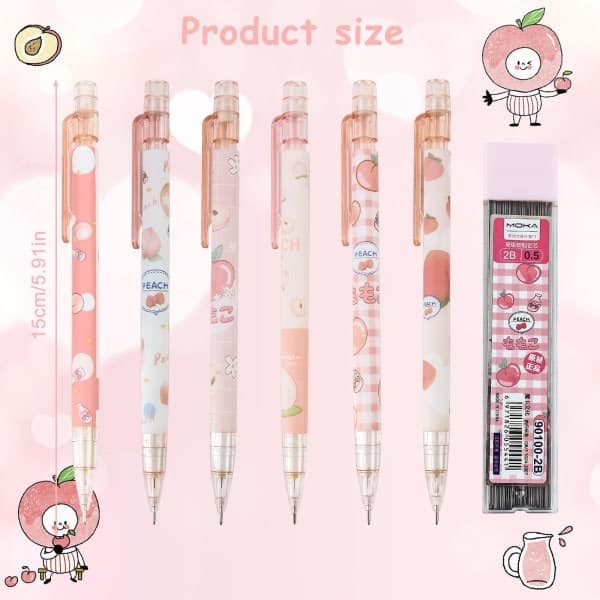 6 st mekaniska pennor 0,5 mm HB stiftpenna (rosa)