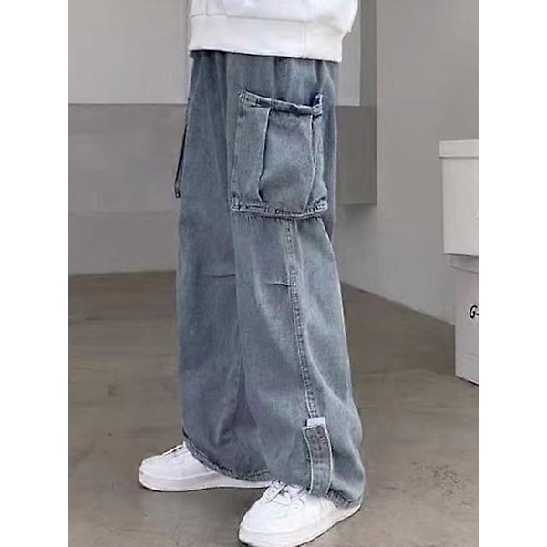 JWL-Denim Housut Miehet Farkut Denim Cargo-housut Baggy Leveälahkeiset Farkut Rento Syksy Talvi Korealainen Katumuoti Hip Hop Cowboy 075 blue gray M