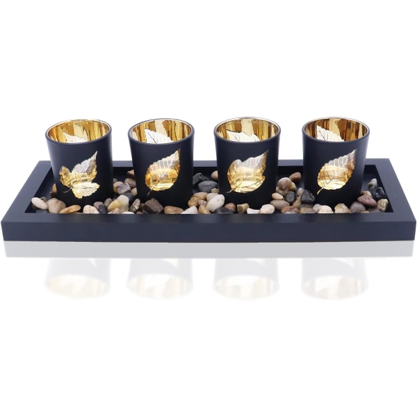 Candle Holder Set, Includes 4 Glass Cups, Natural Stones and Wooden Tray for Table Home Decorations